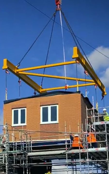 20 tonne lifting frame designed to lift prefabricated modular home sections into position on site. This frame can accommodate for different centres of gravity and different lengths of module removing the need for multiple beams.